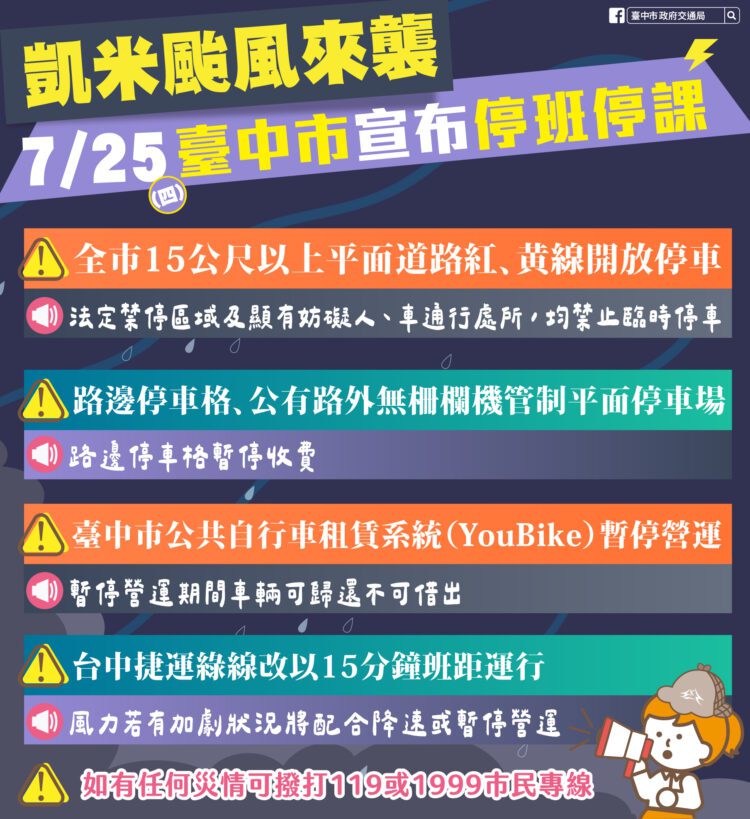 凱米颱風來襲-中市部分紅黃線路段開放停車