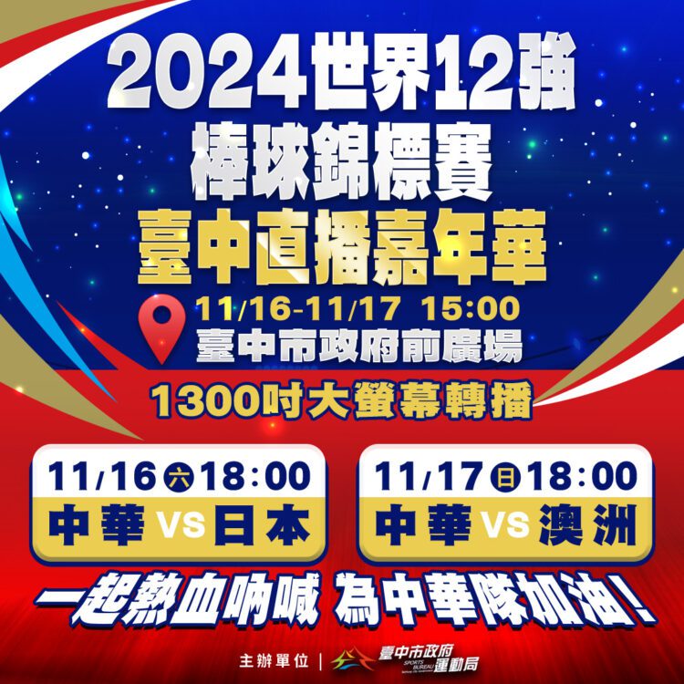 世界12強棒球錦標賽即將開打-中市府前、豐原原議政大樓廣場相繼直播為中華健兒加油