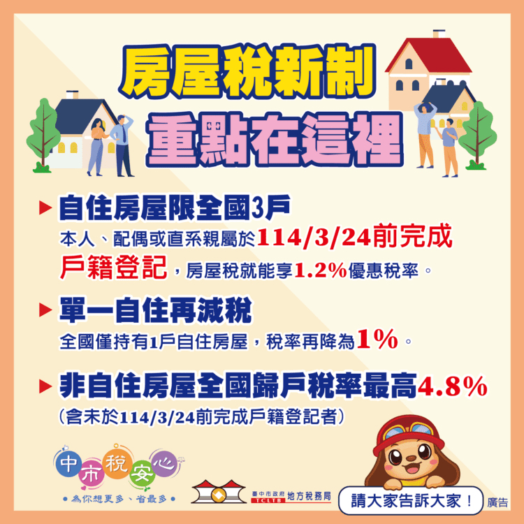 台中房屋稅自治條例修正通過-地稅局：自住房屋明年3/24前設戶籍才能省稅